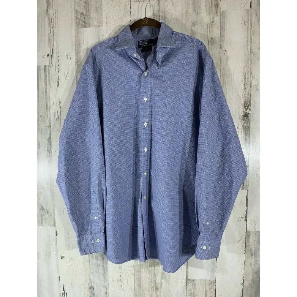 Polo‎ Ralph Lauren 16.5 Large Button Shirt Blue Plaid Regent Classic Fit Vintage